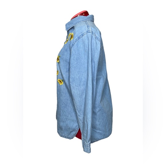 Vintage Denim Sunflower Shirt Womans Large L Blue Chambray Button Up Embroidered - Picture 2 of 11